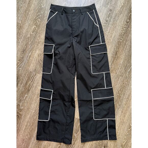 New XS Oversized Black Wide Leg Cargo Pants White Outline Piping Grunge Goth 90s - Picture 5 of 10